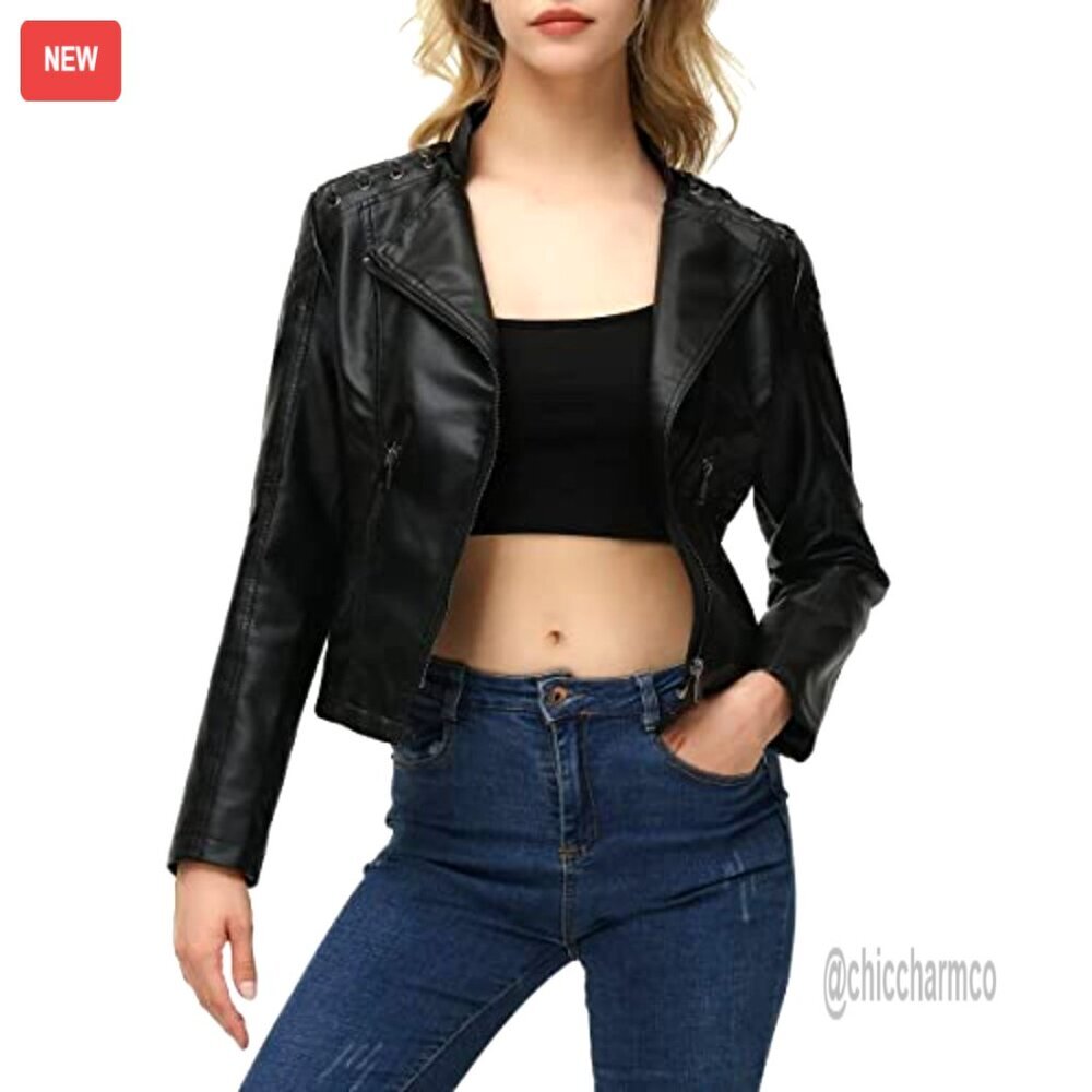 Faux Leather Moto Jacket Short Biker Coat with Pockets - Picture 2 of 7